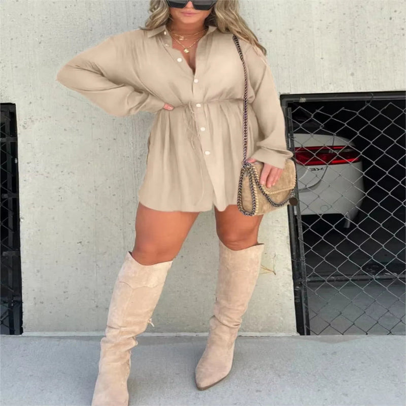 Fashion Solid Long-Sleeved Shirt Jumpsuit Women'S Casual Spring Summer New Long Sleeve Lace up Waist Shirt Short Pants Women